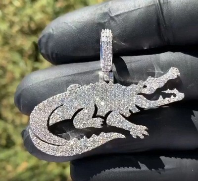 Men's 2ct Real Moissanite Gator Animal Charm Pendant 14k White Gold Plated