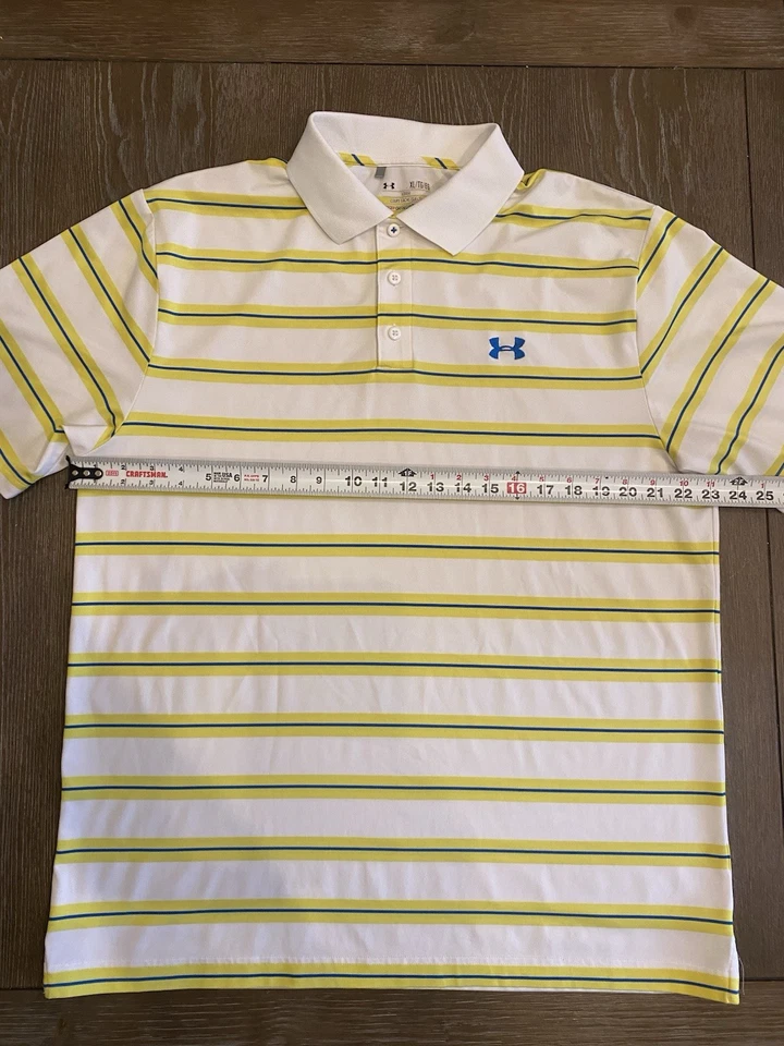 Under Armour Men's Golf Shirt XL Loose White With Yellow & Blue Stripes - Image 3 of 4