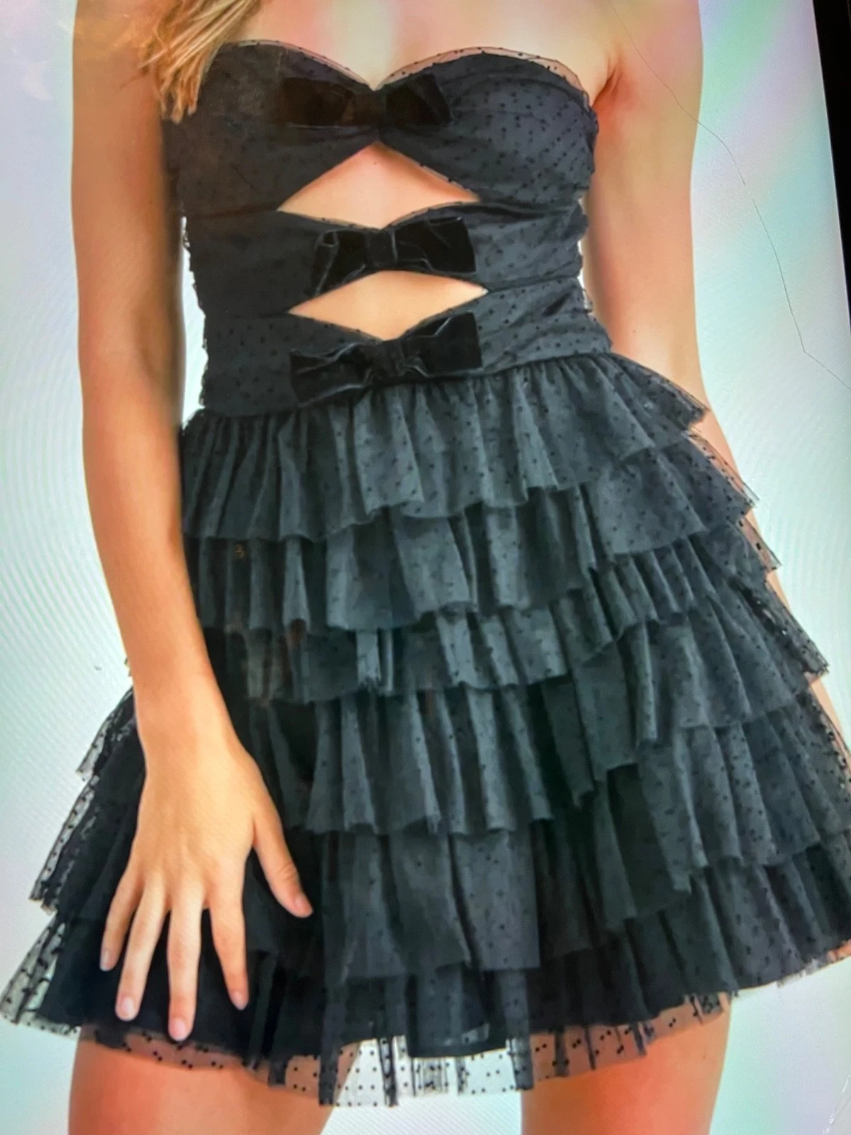 MABLE Coquette Polka Dot Bow Tiered Mini Party Dress Short BLACK NWT
