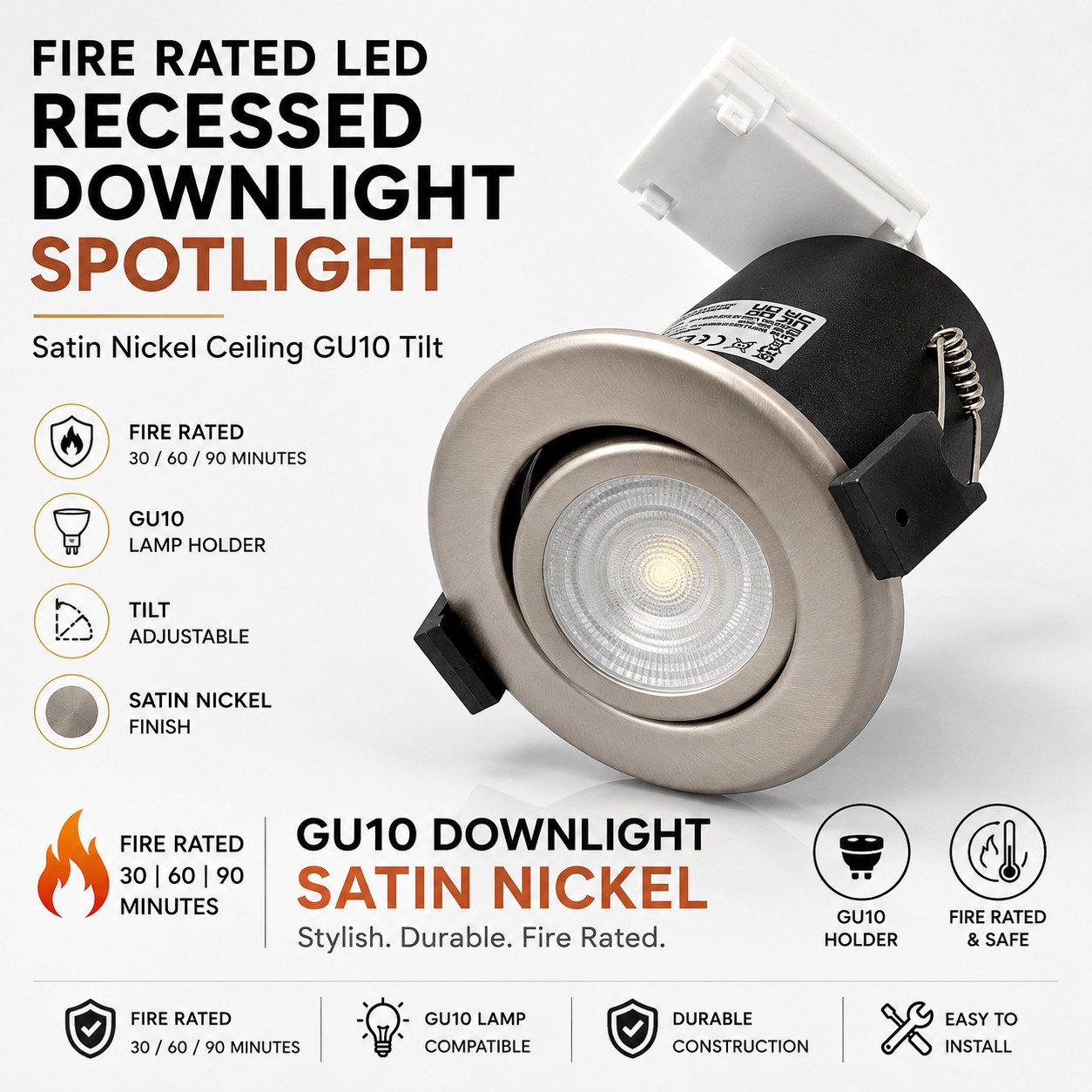 Satin Recessed Downlight Spotlight  Ceiling GU10 Tilt  Fire Rated LED
