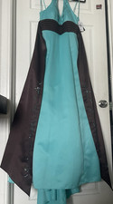 City Triangles aqua blue brown halter long formal gown w/ sequin beads. 7/8