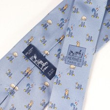 Hermes Silk Tie Animal H Logo Pattern Light Blue Used