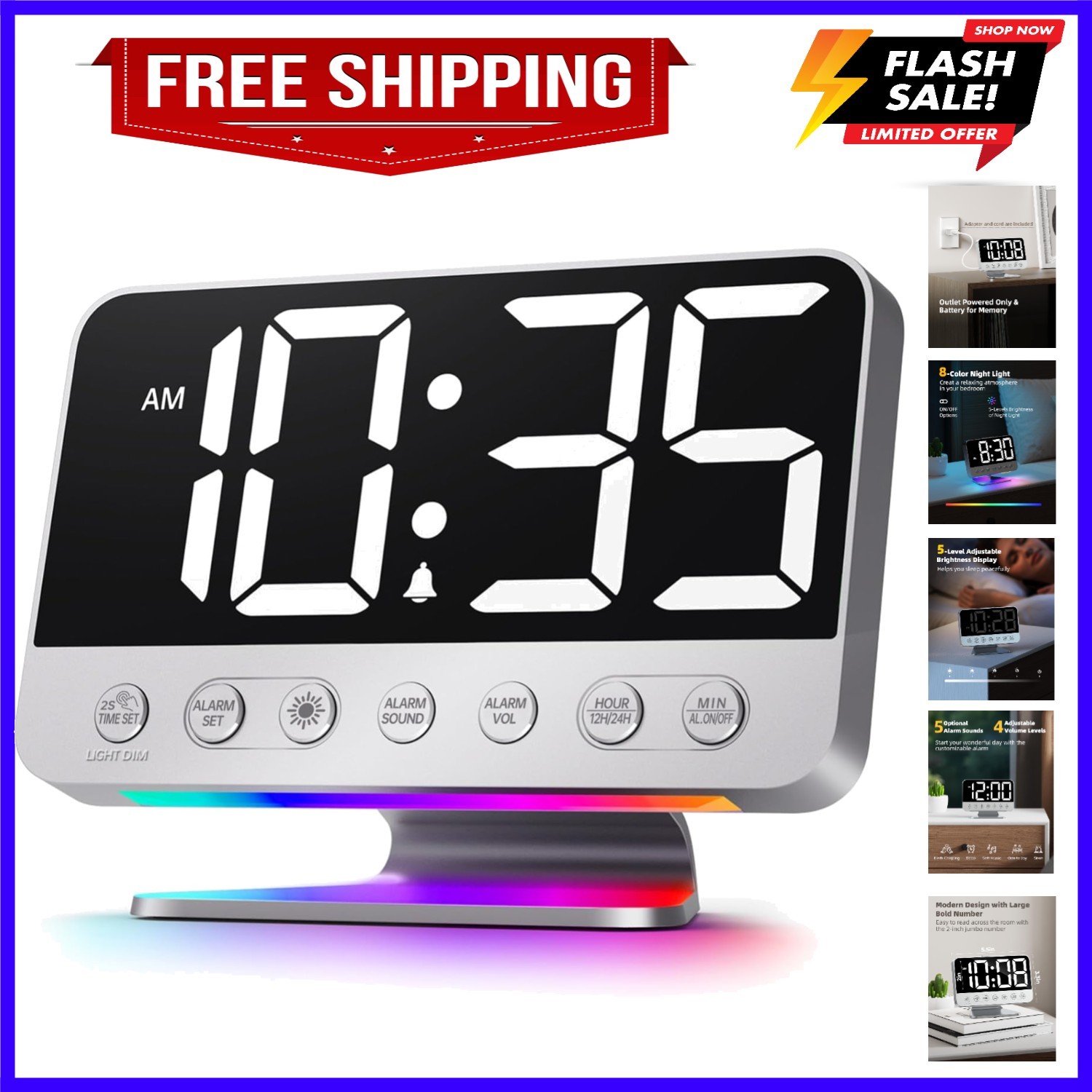 Digital Alarm Clocks for Bedrooms: Large Bold Number 5 Brightness Dimmer - Ea...