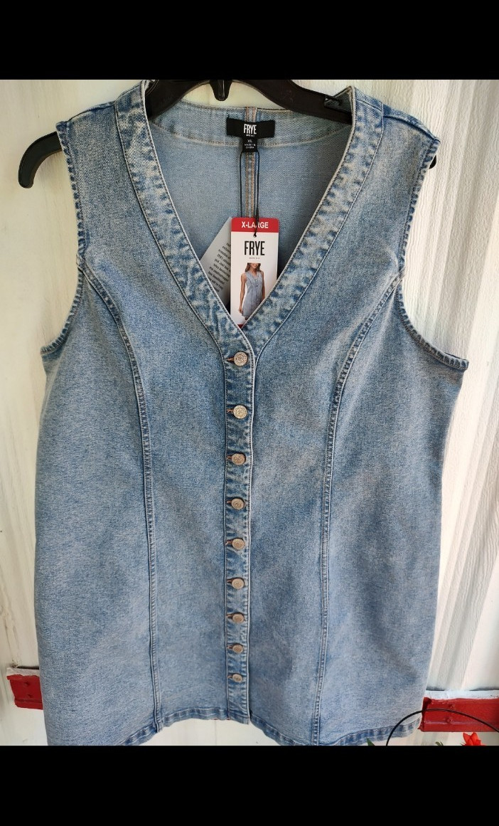 FRYE Women's Blue Denim Sleeveless V-Neck Button-Front Solid Blouse XL