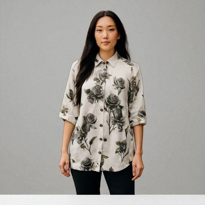 Sacred Threads Black Floral Button-Up Top Relaxed Fit Rayon Shirt OS
