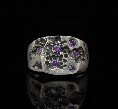 Amethyst Vintage Signet Ring, 925 Sterling Silver Handmade Distressed Mens Ring