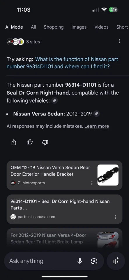 Nuevo Original OEM Nissan 96314D1101 Protector Esquina Derecha Puerta Sello Versa Foto 2 de 4