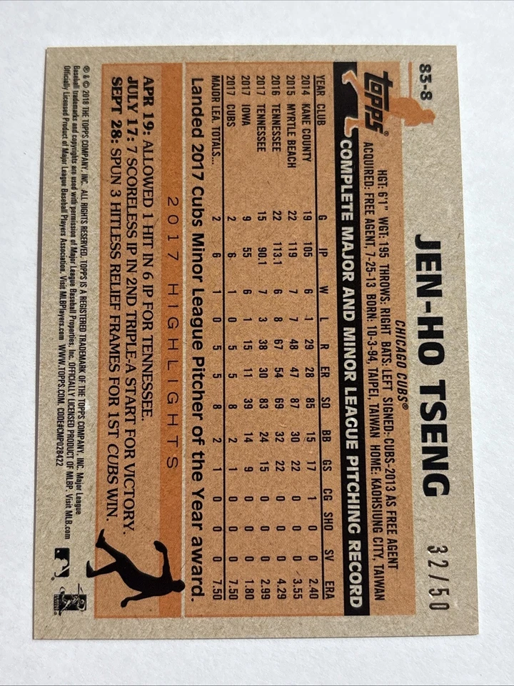 2018 Topps - 1983 Topps Design Rookies - Gold #83-8 Jen-Ho Tseng #32/50 - Image 2 of 2