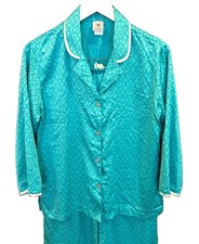 Excellent Cond.-Natori Teal Floral Geometric Satin 2PC Pajama Set Womens Size S