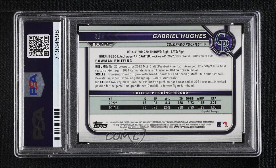 2022 Bowman Draft Chrome Red Refractor /5 Gabriel Hughes #BDC-151 PSA 10 GEM MT - Image 2 of 2