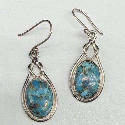 Vintage YS India Sterling Silver Turquoise Oval 1 1/2'' Dangle Drop Earrings 5.5g