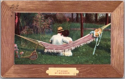 Vintage 1912 Romance Greetings Postcard Couple in Hammock ''At Home by Meisner''