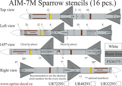 1:48 Decal Raytheon AIM-7M Sparrow III Air-to-Air Missile Stencn UpRise UR48293