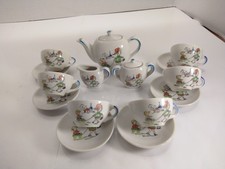 Vintage 17 Pc. Miniature Porcelain Toy Tea Set Girl Pulling Boy In Wagon ,Japan