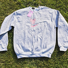 Unbranded M Gray Crewneck Fleece Sweatshirt Pink Bow Embroidered Logo