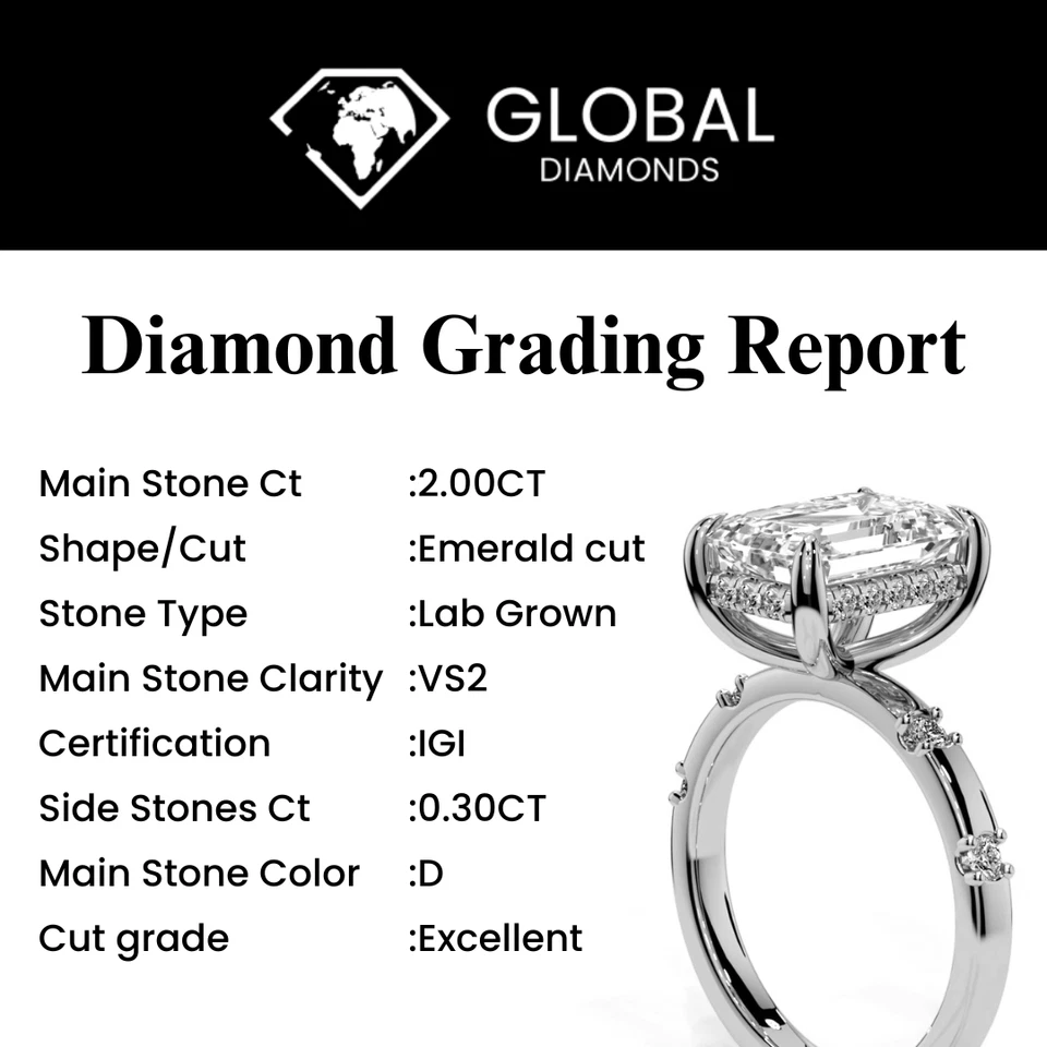 Anillo de compromiso de diamantes de laboratorio corte esmeralda IGI Cert 2,30 quilates D VS2 platino 900 Foto 2 de 4