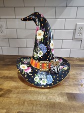 MACKENZIE CHILDS Black Flower Market Witch HAT  Striped Owl Halloween 12"X13"