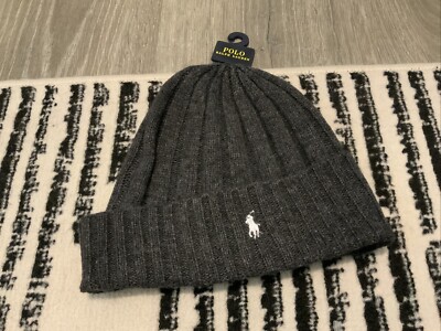 Polo Ralph Lauren Wool Blend Ribbed Cuff Knit Beanie Hat Gray/White Men s O/S