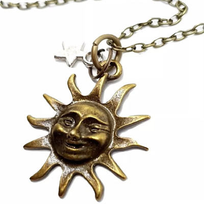 Sonne Stern Anhänger Happy Sun Gesicht Halskette bronziert 18'' Kette Stern Charm Schmuck