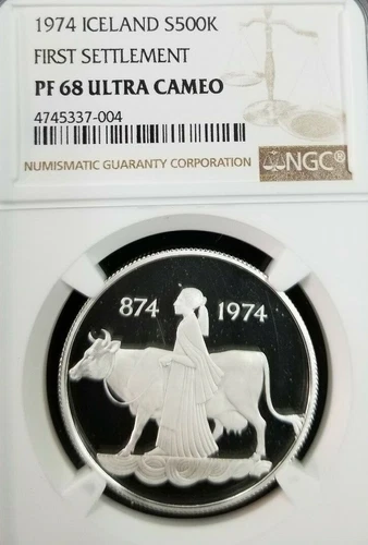 1974 ICELAND SILVER 500 KRONUR S500K FIRST SETTLEMENT NGC PF 68 ULTRA CAMEO