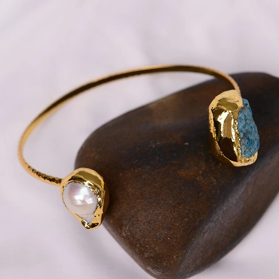 Браслет позолоченный камень апатит синий жемчуг кеши натуральный белый ручной работы - Изображение 2 из 4