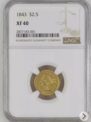 1843 $2.50 Liberty Head Quarter Eagle Gold Coin NGC XF40