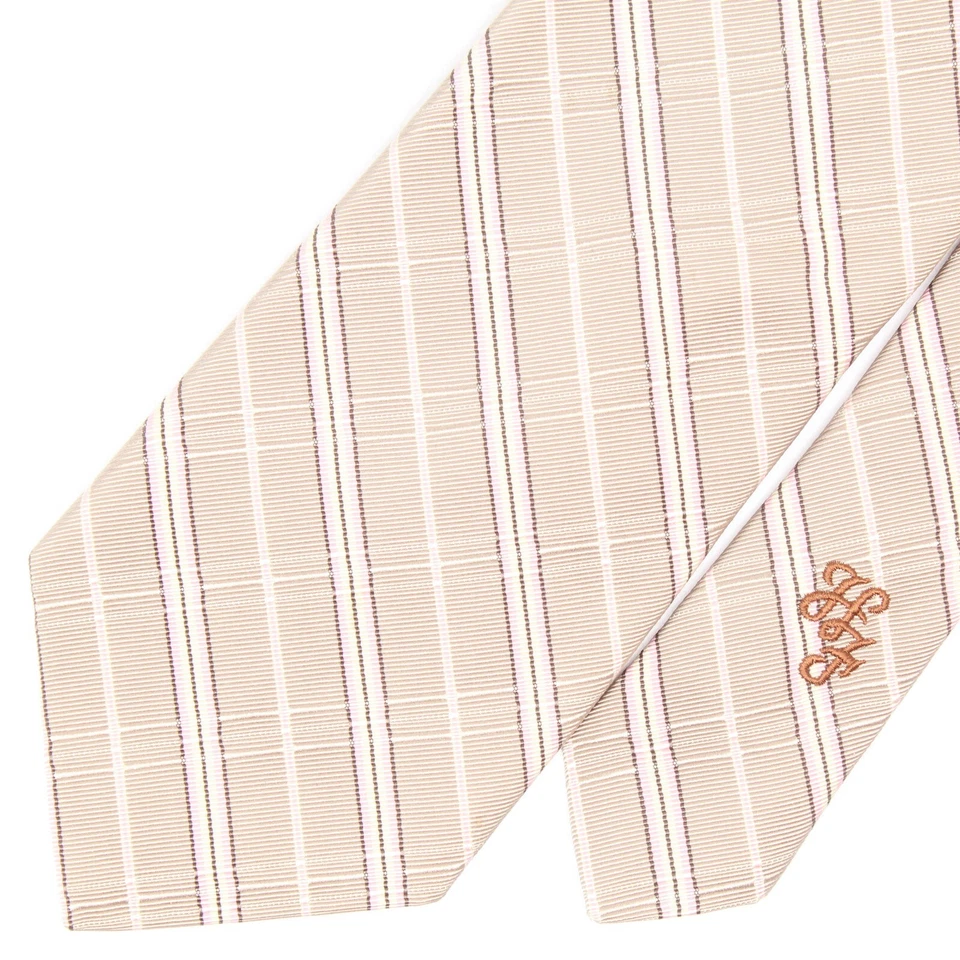 Hickey Freeman Mens Silk Cotton Necktie Light Brown Cream Pink Plaid Tie  - Image 2 of 4