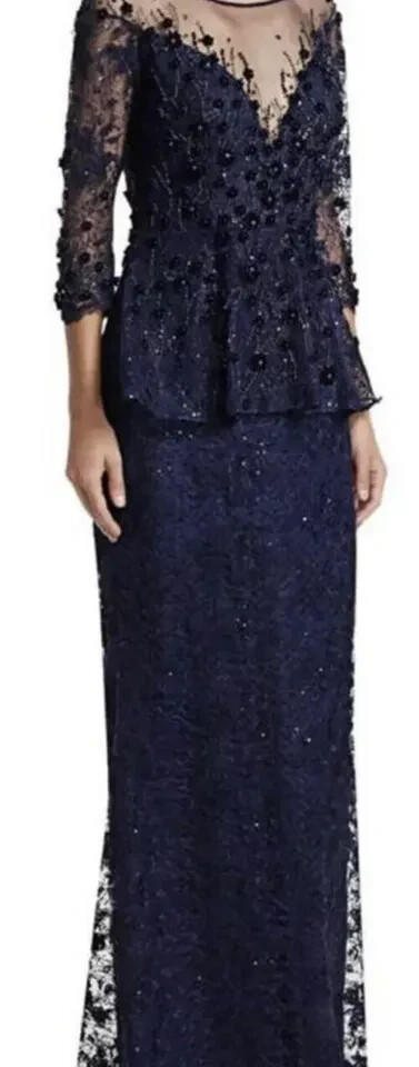 Rickie Freeman for Teri Jon Velvet Flower Lace Peplum Gown-Navy
