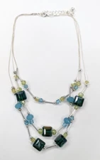 Silver Tone Multi Strand Green Blue AB Crystal Station Adjustable Necklace 19"