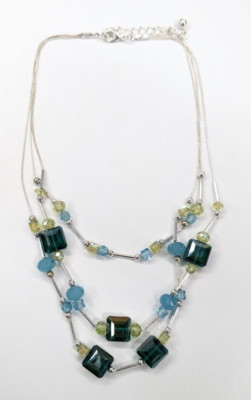 Silver Tone Multi Strand Green Blue AB Crystal Station Adjustable Necklace 19''