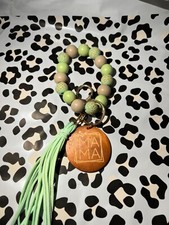 Fashion Mama Leopard Wooden Beaded Wristlet Keychain Keyring With Tassel - Green