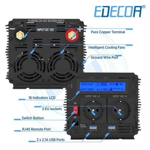 3000W 6000W DC 12V to AC 220V Power Inverter Convertitore LCD USB 2.1A EDECOA - Afbeelding 2 van 11
