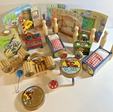 Wooden Doll House Furniture Play Set- Colorful w/ Bear Theme Whimsical 