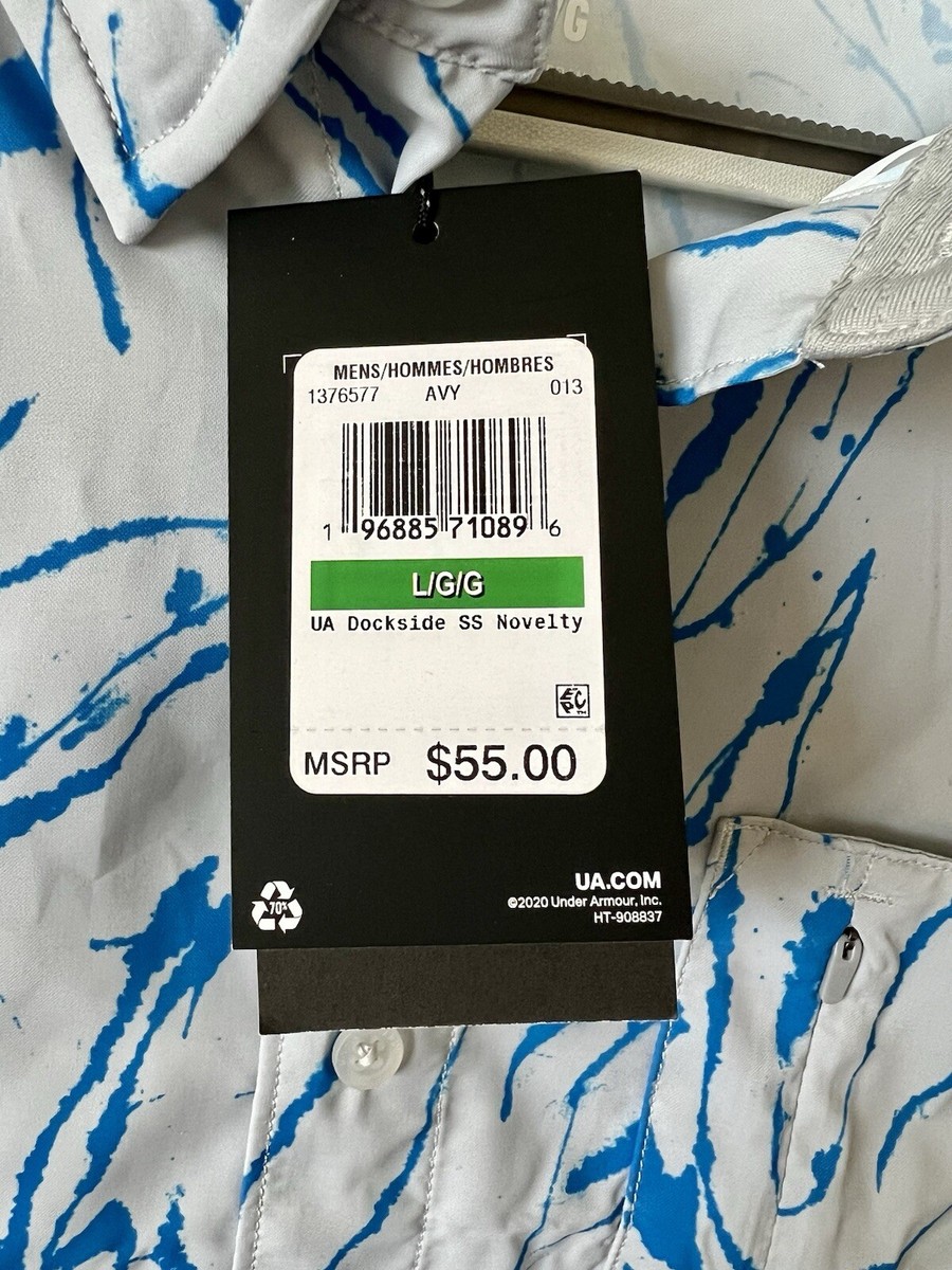 キングダム NWT Under Armour Men's Large Dockside SS Shirt Gray Blue UPF 30
