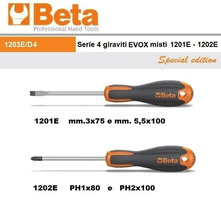 Giraviti Cacciavite BETA Evox 1203E/D4 Set di 4 Taglio Giravite Croce PH1 e PH2 - Immagine 3 di 3