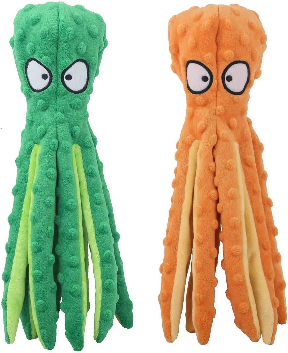 Laytek Pack of 2 Squeaky Octopus Dog Toys, No Stuffing Crinkle Paper Plush 