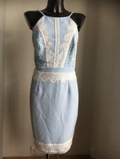 LIPSY DRESS WOMENS UK 12 Light Blue Lace Racer back Mini Short Light Crepe NEW