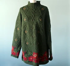 LL Bean Cable Knit Sweater 100% Wool Size Large Floral Green Mock Neck Vintage