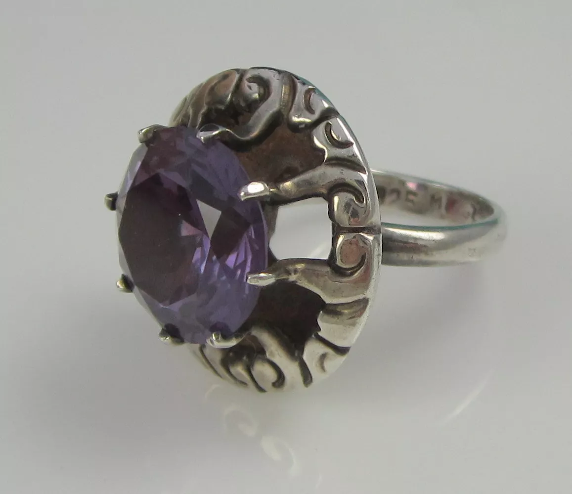 Vintage Antique Huge Mexico Sterling Silver Bright Synthetic Alexandrite Ring