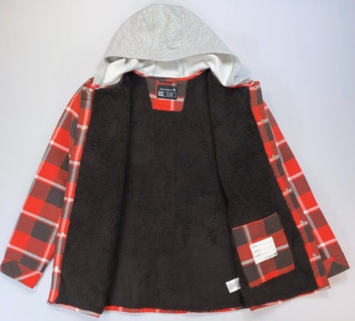 Boy's Youth Carhartt Sherpa Lined Snap Front Plaid Flannel Hooded Jacket NEW - Picture 3 of 5