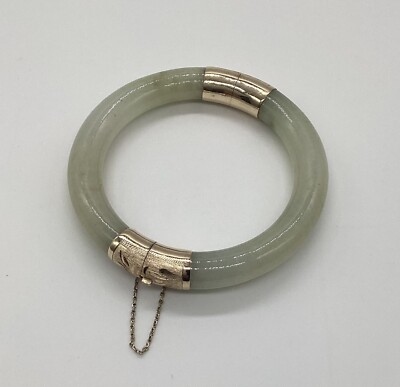 Veg 14k Gold Real Jade Bangle Bracelet Hinged Safety Chain  Grams