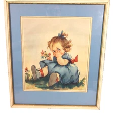 Vintage 1940s Anne Allaben Child Girl Print Peek-a-boo Framed under glass matted
