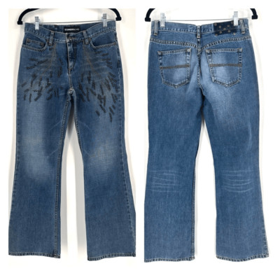 Vintage Express Women's Studded Feather Design Bootcut Jeans Blue Denim Size 5/6