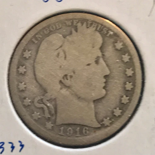 1916-D BARBER QUARTER- VG - Fine -Denver Mint - Silver