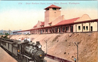 WA, Everett  GREAT NORTHERN RAILROAD DEPOT  Train Station  ca1910's Postcard
