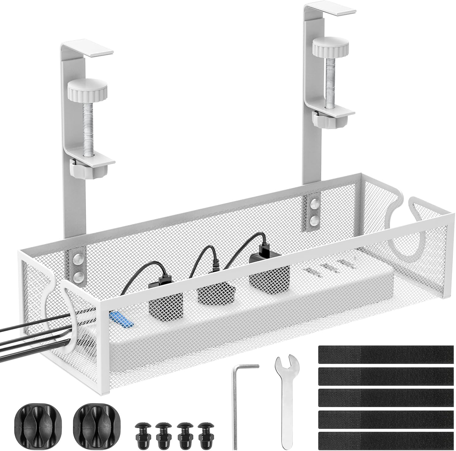 under Desk Cable Management Tray, No-Drill Mesh Table Cable Basket for Managing