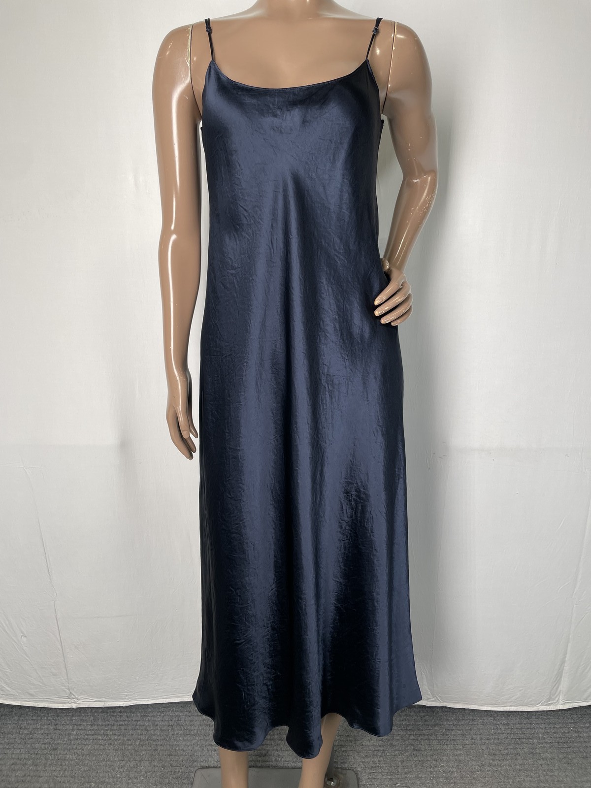 Vince Womens Midi Slip Dress Navy Blue Size XS Japanese Satin Strap Sleeve Lined