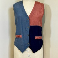 VTG 90s Jonathan Martin Vest 100 Silk Navy Blue Pink Colorblock Sz L