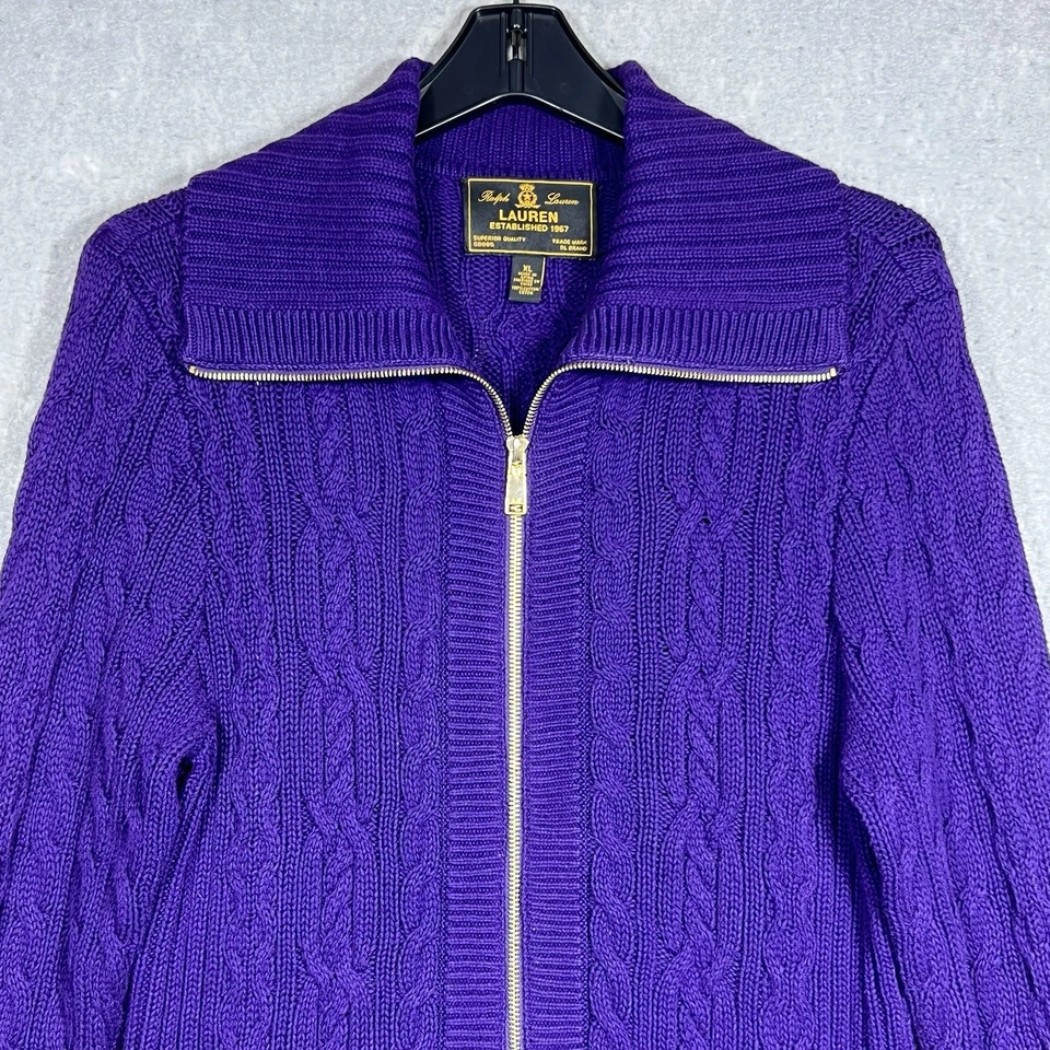 Suéter Lauren Ralph Lauren Cremallera Completa Tejido con Cable Etiqueta Negra Púrpura Para Mujer’s XL Foto 3 de 4