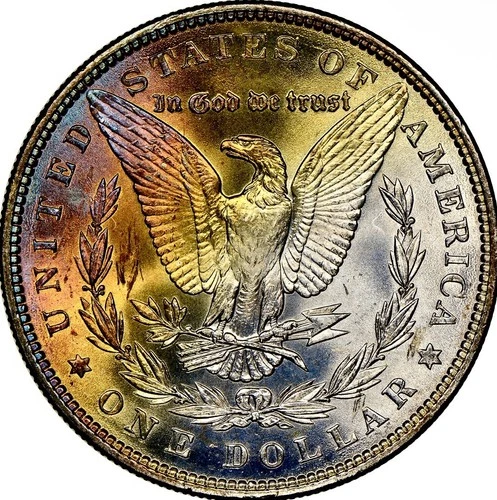 1886 MORGAN SILVER DOLLAR NGC MS66+ COLORFUL REVERSE TONING